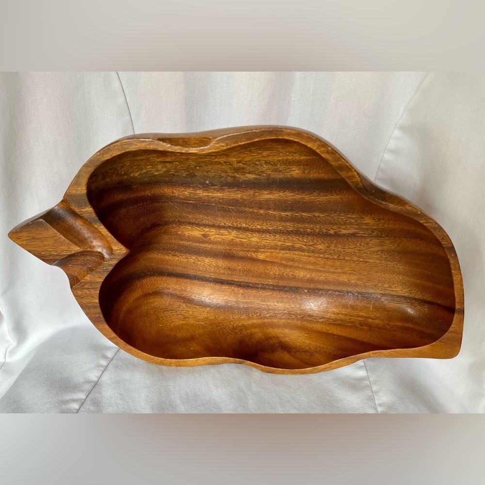 Carved Monkey Pod Wooden Leaf Shaped Bowl Vintage - Picture 5 of 10